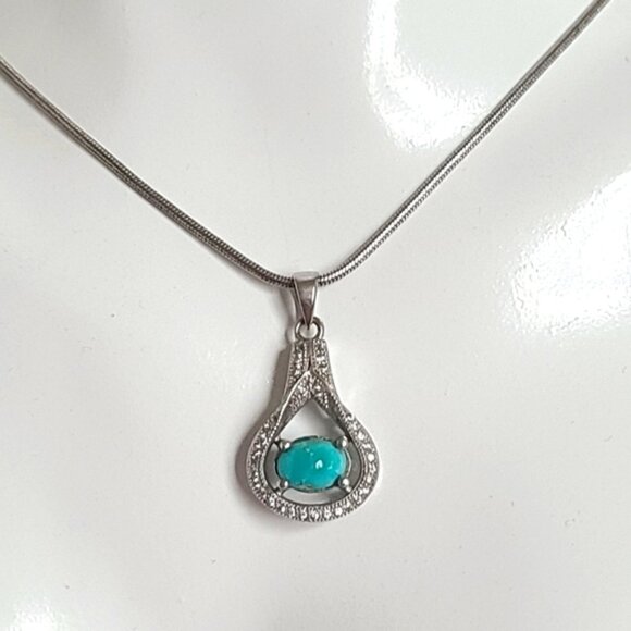 Vintage Boho Sterling Silver Crystal Green Turquoise Drop Pendant Chain Necklace - Picture 1 of 15